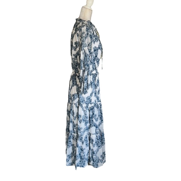 Anthropologie Current Air Isla Blue White Tie Neck Tiered Ruffle Midi Dress - XS - Picture 10 of 16